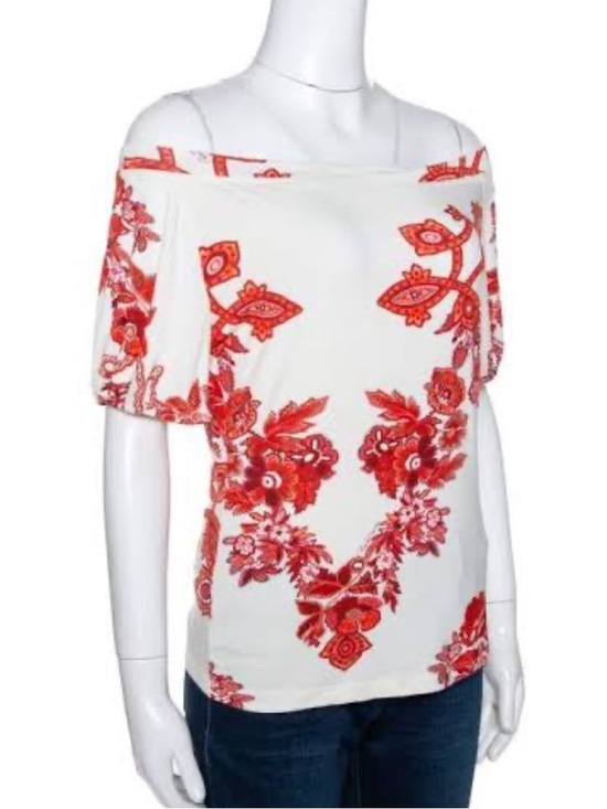 Roberto Cavalli Tops - Vintage Roberto Cavalli Cream/White Off-Shoulder Top w/ Red Floral Size 42 or Md